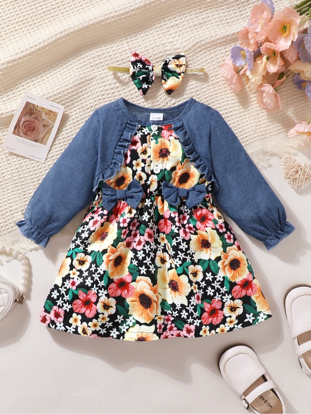 Floral Bow-Accent Girls' Casual Dress with Denim Sleeves - Black Floral